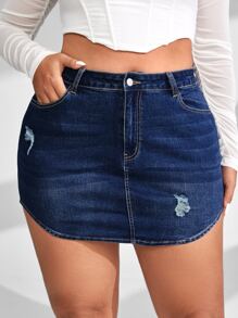 SHEIN Essnce 大碼高腰破洞牛仔半身裙 - 深色水洗藍 - 查看 1