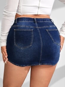 SHEIN Essnce 大碼高腰破洞牛仔半身裙 - 深色水洗藍 - 查看 2