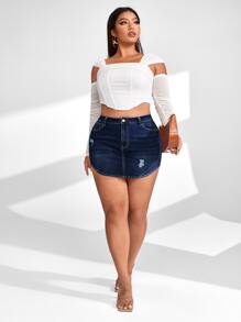 SHEIN Essnce 大碼高腰破洞牛仔半身裙 - 深色水洗藍 - 查看 3