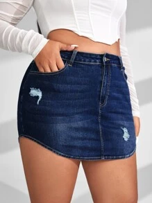 SHEIN Essnce 大碼高腰破洞牛仔半身裙 - 深色水洗藍 - 查看 4