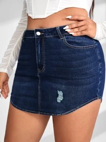 SHEIN Essnce 大碼高腰破洞牛仔半身裙 - 深色水洗藍 - 查看 5