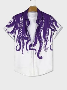 ROMWE MEN Street Life Hombres Camisa de pulpo con estampado de mano - Multicolor - Ver 1