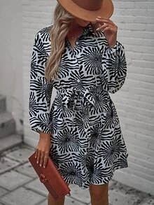 SHEIN Unity Allover Print Drop Shoulder Belted Shirt Dress - Black and White - View 3
