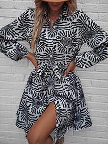 SHEIN Unity Allover Print Drop Shoulder Belted Shirt Dress - Black and White - View 6