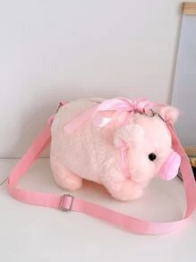1件可爱卡通小猪斜挎包配丝巾毛绒斜挎小包手机包适合女性旅行日常购物 - 粉色 - 查看 1