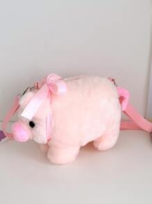 1件可爱卡通小猪斜挎包配丝巾毛绒斜挎小包手机包适合女性旅行日常购物 - 粉色 - 查看 3