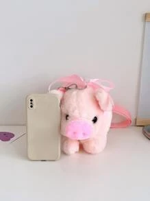 1件可爱卡通小猪斜挎包配丝巾毛绒斜挎小包手机包适合女性旅行日常购物 - 粉色 - 查看 4