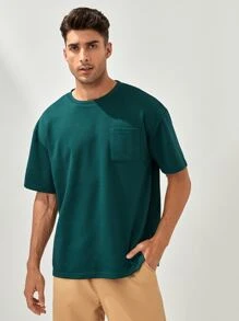SHEIN X MOHA Men Solid Pocket Front Drop Shoulder Tee - Green - View 1