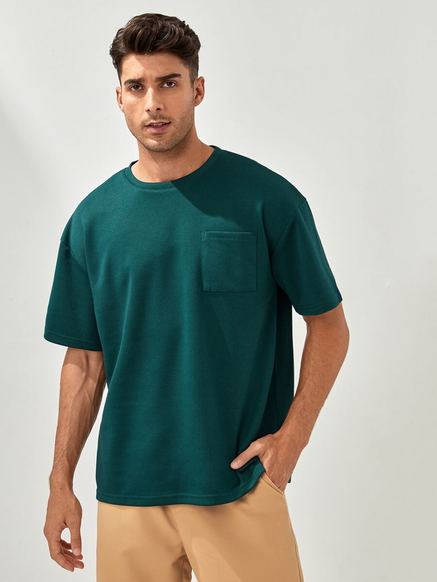 SHEIN X MOHA Men Solid Pocket Front Drop Shoulder Tee - Green - View 1