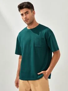 SHEIN X MOHA Men Solid Pocket Front Drop Shoulder Tee - Green - View 5