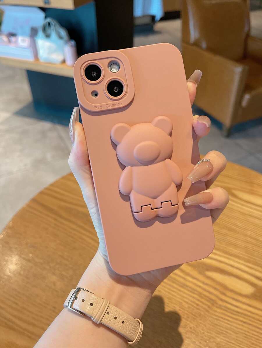 带小熊支架的坚固手机壳，国际版，非国内版 - 粉色 - 查看 1