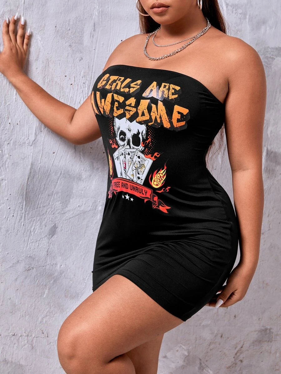 SHEIN SXY Đầm Plus Size Lễ Các Thánh Lá thư Giải trí - màu đen - Xem 1