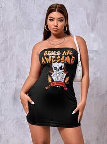 SHEIN SXY Đầm Plus Size Lễ Các Thánh Lá thư Giải trí - màu đen - Xem 3