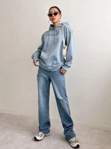 DAZY Capucha con estampado de letra de hombros caídos con cordón - Celeste - Ver 3