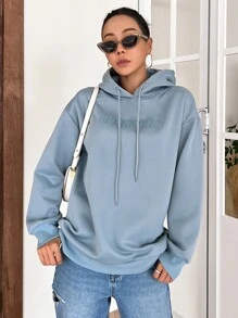 DAZY Capucha con estampado de letra de hombros caídos con cordón - Celeste - Ver 4