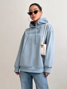 DAZY Capucha con estampado de letra de hombros caídos con cordón - Celeste - Ver 5