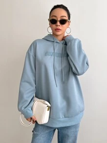 DAZY Capucha con estampado de letra de hombros caídos con cordón - Celeste - Ver 6