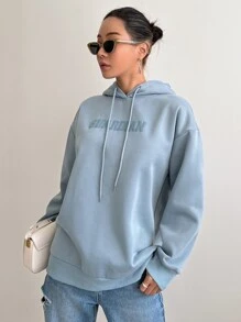 DAZY Capucha con estampado de letra de hombros caídos con cordón - Celeste - Ver 7