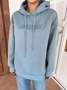 DAZY Capucha con estampado de letra de hombros caídos con cordón - Celeste - Ver 8