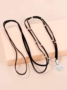 SHEIN 1 件波西米亚长款皮革项链黑色皮革环绕颈链项链复古圆盘硬币项链 Vagan 绒面革项链链条珠宝适合女士和女孩 - 黑色 - 查看 5