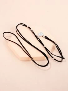 SHEIN 1 件波西米亚长款皮革项链黑色皮革环绕颈链项链复古圆盘硬币项链 Vagan 绒面革项链链条珠宝适合女士和女孩 - 黑色 - 查看 4