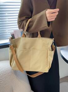 Moderna Bolsa Grande Para Mujeres Con Capacidad Para Llevar De Hombro, Cruzada, De Mano, Mochila Con Múltiples Bolsillos Para Ordenador Portátil - Caqui - Ver 4