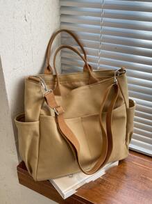 Moderna Bolsa Grande Para Mujeres Con Capacidad Para Llevar De Hombro, Cruzada, De Mano, Mochila Con Múltiples Bolsillos Para Ordenador Portátil - Caqui - Ver 6