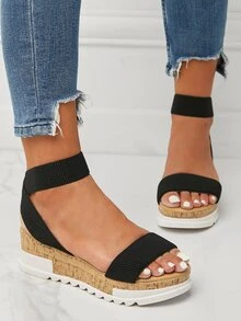 Flatform Ankle Strap Sandals - Black - View 1