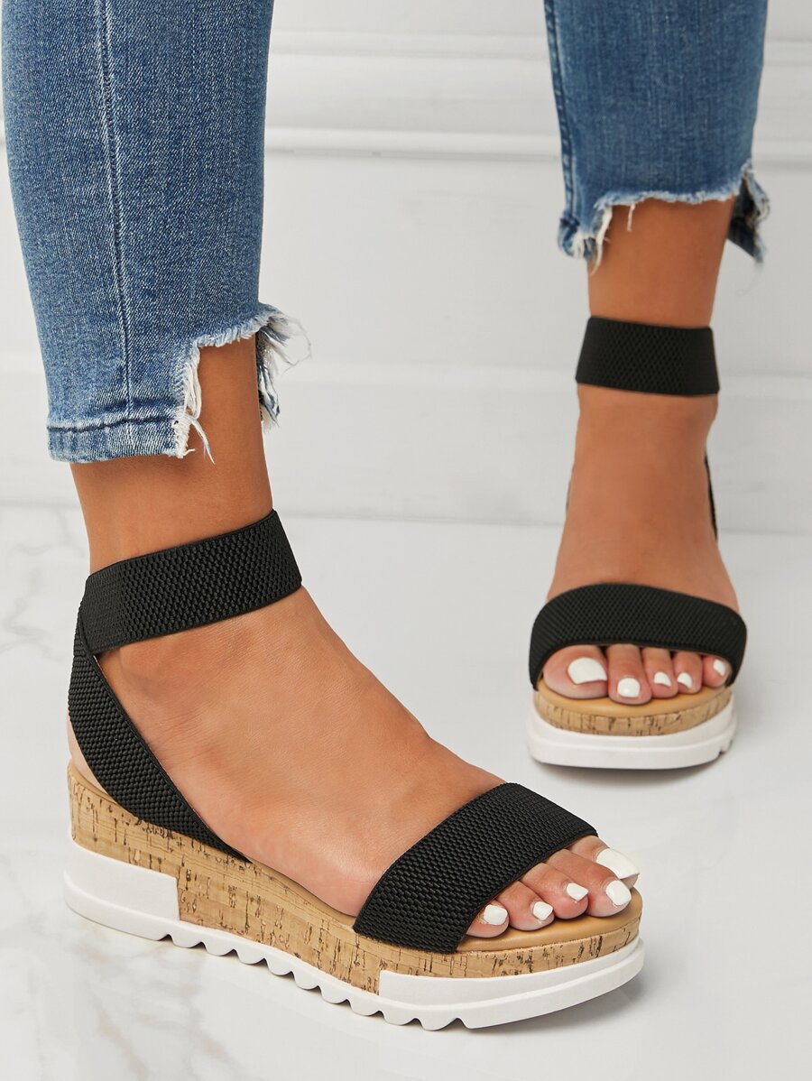 Flatform Ankle Strap Sandals - Black - View 1