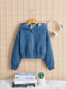 SHEIN Girls Zipper Front Drop Shoulder Hooded Jacket - Blue - View 1