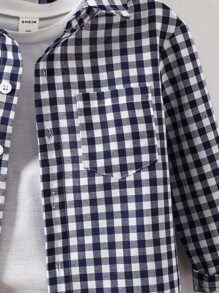 SHEIN 小男童1入組雙色格子補丁貼口袋襯衫 - 藍白色 - 查看 4