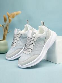 Letter Patch Decor Lace-Up Front Running Shoes, Women's Sports Shoes: Chunky Sneakers With Knit Fabric, Grey Color Block - Grey - View 3