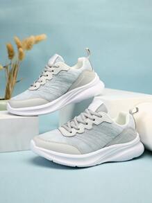 Letter Patch Decor Lace-Up Front Running Shoes, Women's Sports Shoes: Chunky Sneakers With Knit Fabric, Grey Color Block - Grey - View 5