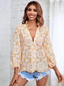 SHEIN VCAY Floral Print Notched Neck Blouse - Yellow - View 1