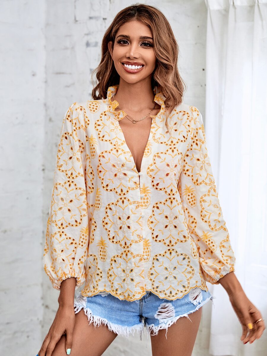 SHEIN VCAY Floral Print Notched Neck Blouse - Yellow - View 1