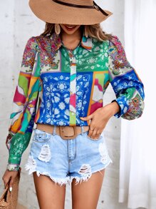 SHEIN VCAY Áo sơ mi nữ Nút phía trước Paisley Chắp vá Boho - Nhiều màu - Xem 1