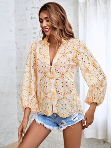 SHEIN VCAY Floral Print Notched Neck Blouse - Yellow - View 3