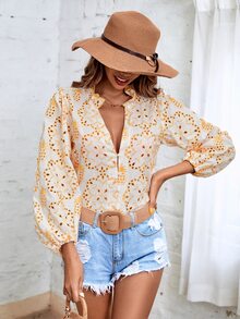 SHEIN VCAY Floral Print Notched Neck Blouse - Yellow - View 4