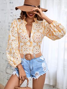 SHEIN VCAY Floral Print Notched Neck Blouse - Yellow - View 5