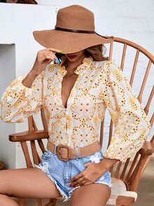 SHEIN VCAY Floral Print Notched Neck Blouse - Yellow - View 6