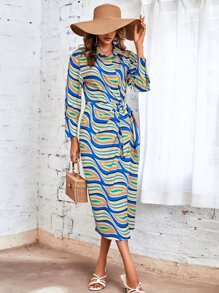 Allover Print Knot Front Wrap Shirt Dress - Multicolor - View 1