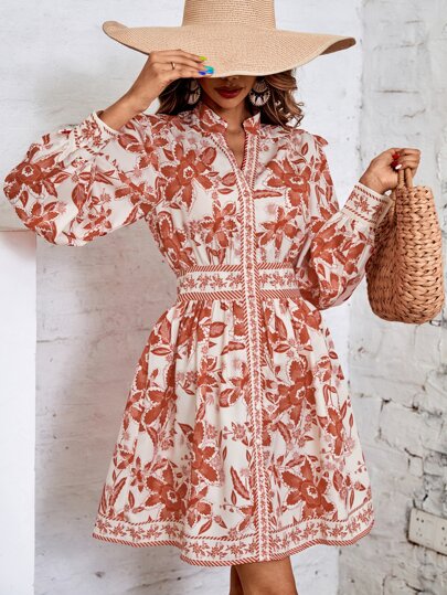 GENKIRA Allover Floral Print Bishop Sleeve Button Up Dress