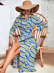 Allover Print Knot Front Wrap Shirt Dress - Multicolor - View 3