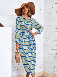 Allover Print Knot Front Wrap Shirt Dress - Multicolor - View 5