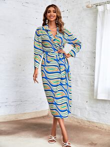 Allover Print Knot Front Wrap Shirt Dress - Multicolor - View 7
