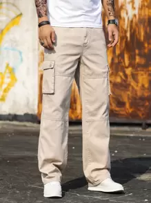 Manfinity Homme Men Cotton Flap Pocket Cargo Jeans Baggy Long Washed Camo Jean Plain Khaki Vacation Fashion Boyfriend Gift - Khaki - View 4