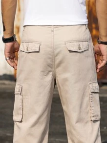 Manfinity Homme Men Cotton Flap Pocket Cargo Jeans Baggy Long Washed Camo Jean Plain Khaki Vacation Fashion Boyfriend Gift - Khaki - View 8