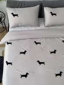Dog Embroidered Duvet Cover Set Without Filler - Light Grey - View 1