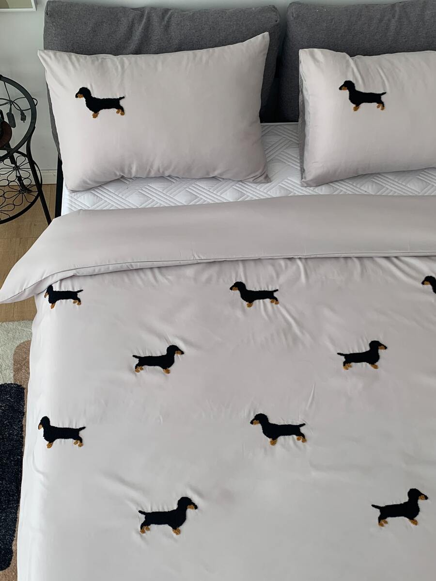 Dog Embroidered Duvet Cover Set Without Filler - Light Grey - View 1