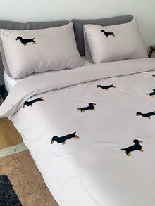 Dog Embroidered Duvet Cover Set Without Filler - Light Grey - View 3